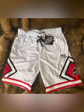 BKYS Lucky Charm Men's White Athletic Shorts with Red & Black Accents